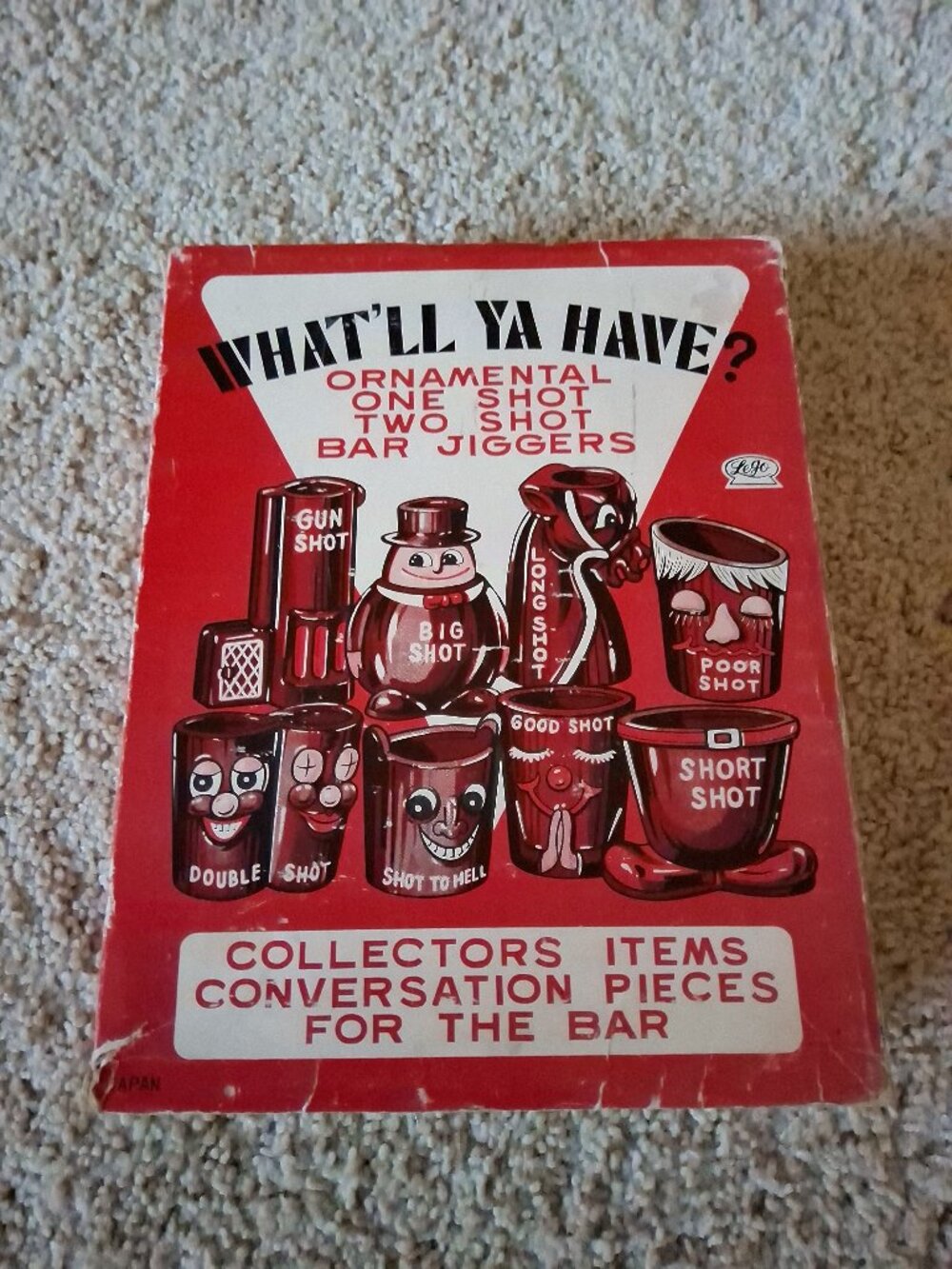 New Old Stock "What'll Ya Have?" Ornamental 1 Shot, 2 Shot Bar Jiggers Set of 8